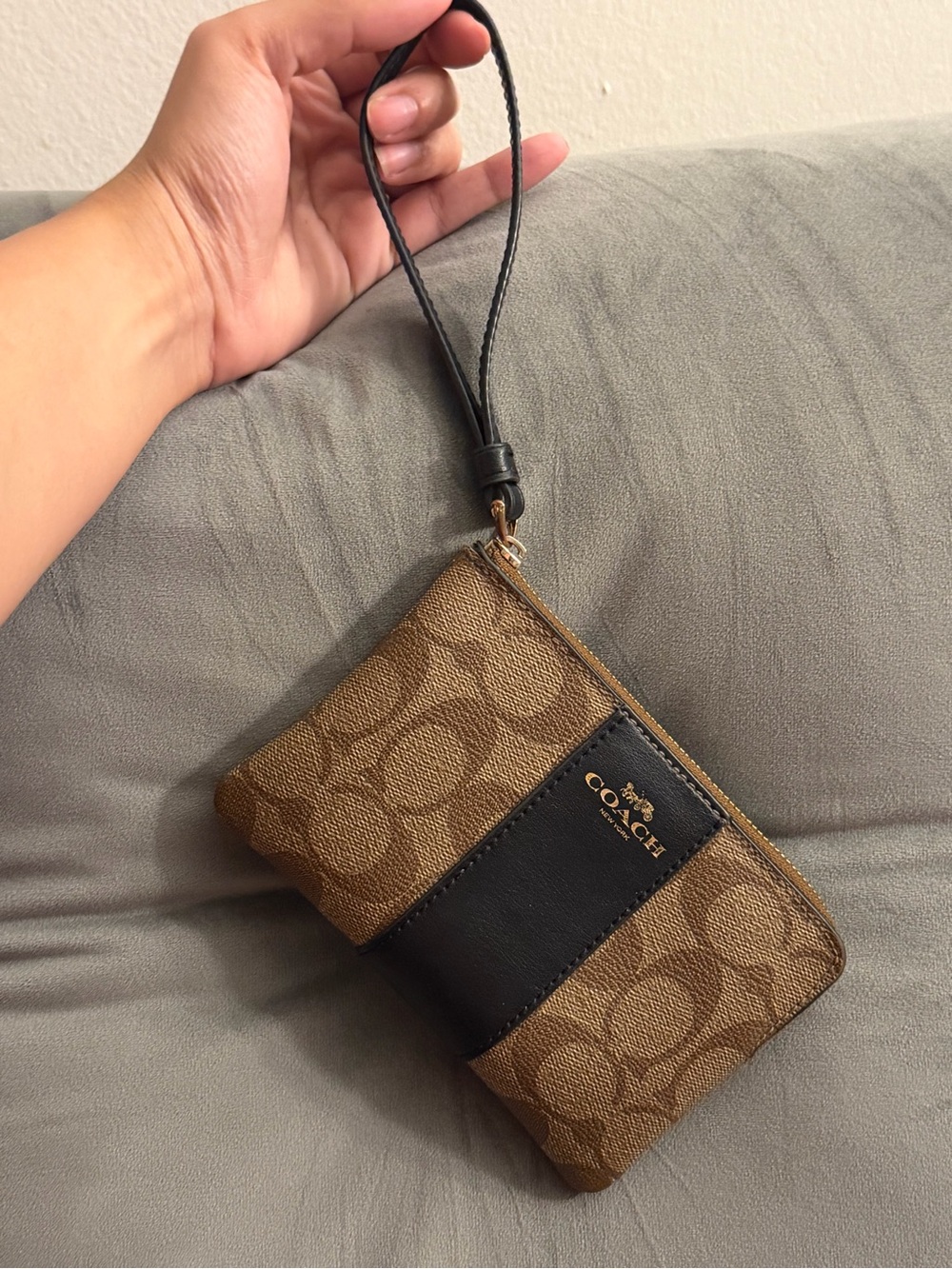 Coach Corner Zip Wristlet In Signature Canvas With Stripe gold - tan - black